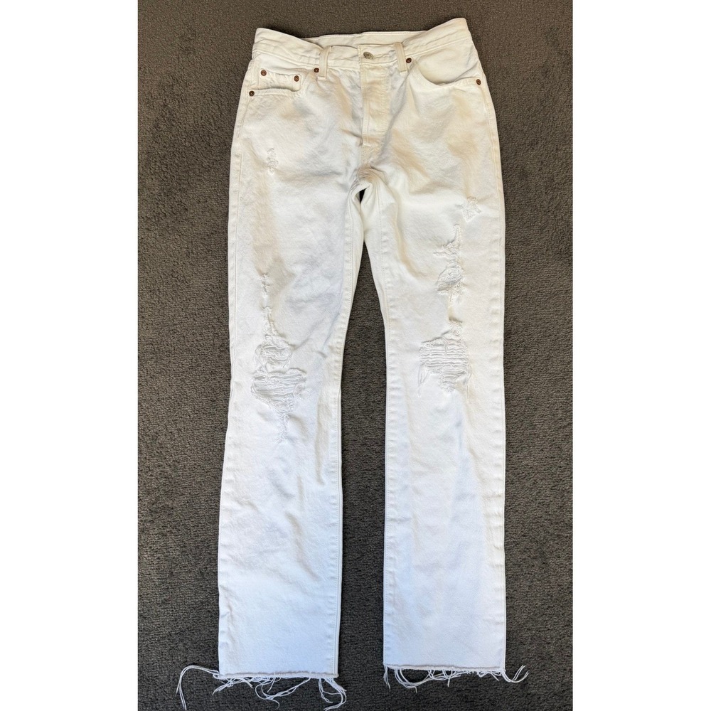 Levis 501 Original Fit White Distressed Straight Leg Jeans Button Fly 27X32